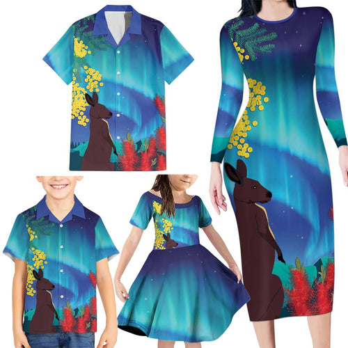 Australia Northern Lights Scenery Family Matching Long Sleeve Bodycon Dress and Hawaiian Shirt
