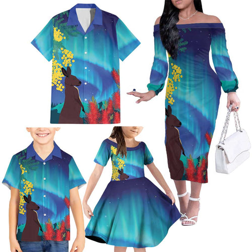 Australia Northern Lights Scenery Family Matching Off The Shoulder Long Sleeve Dress and Hawaiian Shirt