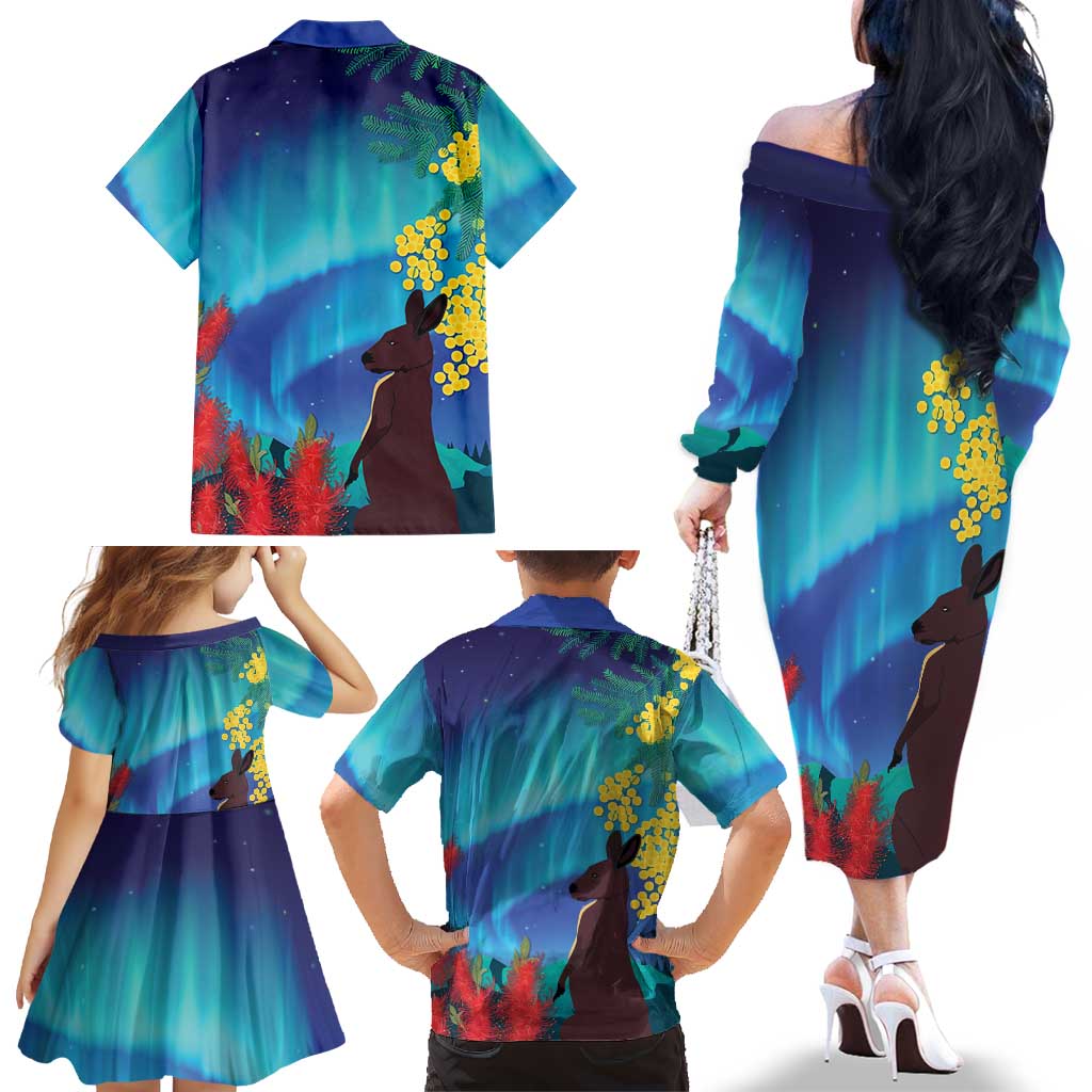 Australia Northern Lights Scenery Family Matching Off The Shoulder Long Sleeve Dress and Hawaiian Shirt