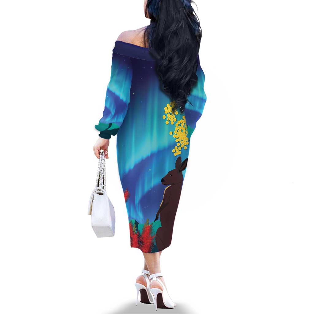 Australia Northern Lights Scenery Family Matching Off The Shoulder Long Sleeve Dress and Hawaiian Shirt