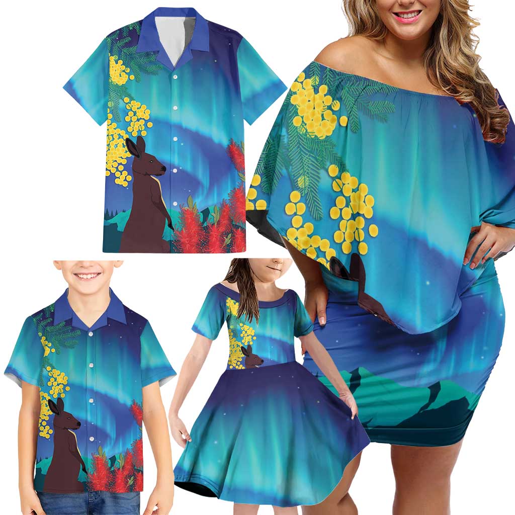 Australia Northern Lights Scenery Family Matching Off Shoulder Short Dress and Hawaiian Shirt