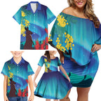 Australia Northern Lights Scenery Family Matching Off Shoulder Short Dress and Hawaiian Shirt