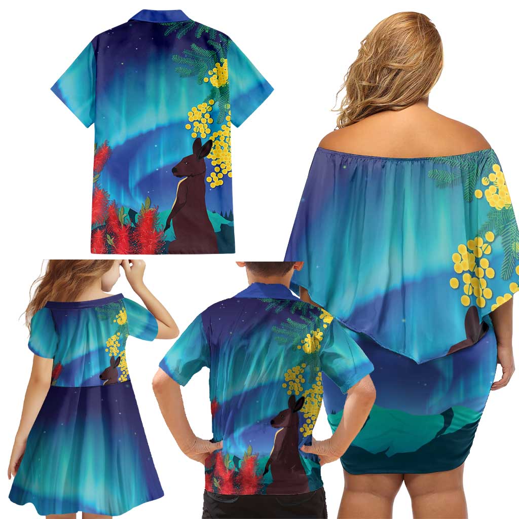 Australia Northern Lights Scenery Family Matching Off Shoulder Short Dress and Hawaiian Shirt