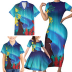 Australia Northern Lights Scenery Family Matching Short Sleeve Bodycon Dress and Hawaiian Shirt