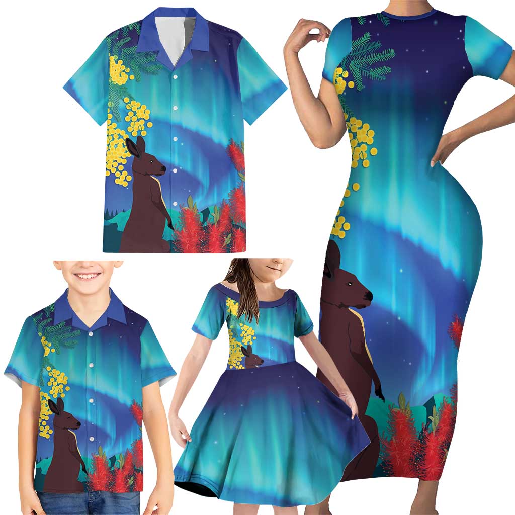 Australia Northern Lights Scenery Family Matching Short Sleeve Bodycon Dress and Hawaiian Shirt