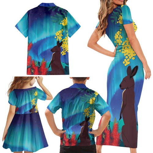 Australia Northern Lights Scenery Family Matching Short Sleeve Bodycon Dress and Hawaiian Shirt