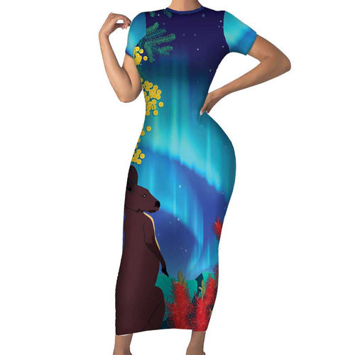 Australia Northern Lights Scenery Family Matching Short Sleeve Bodycon Dress and Hawaiian Shirt