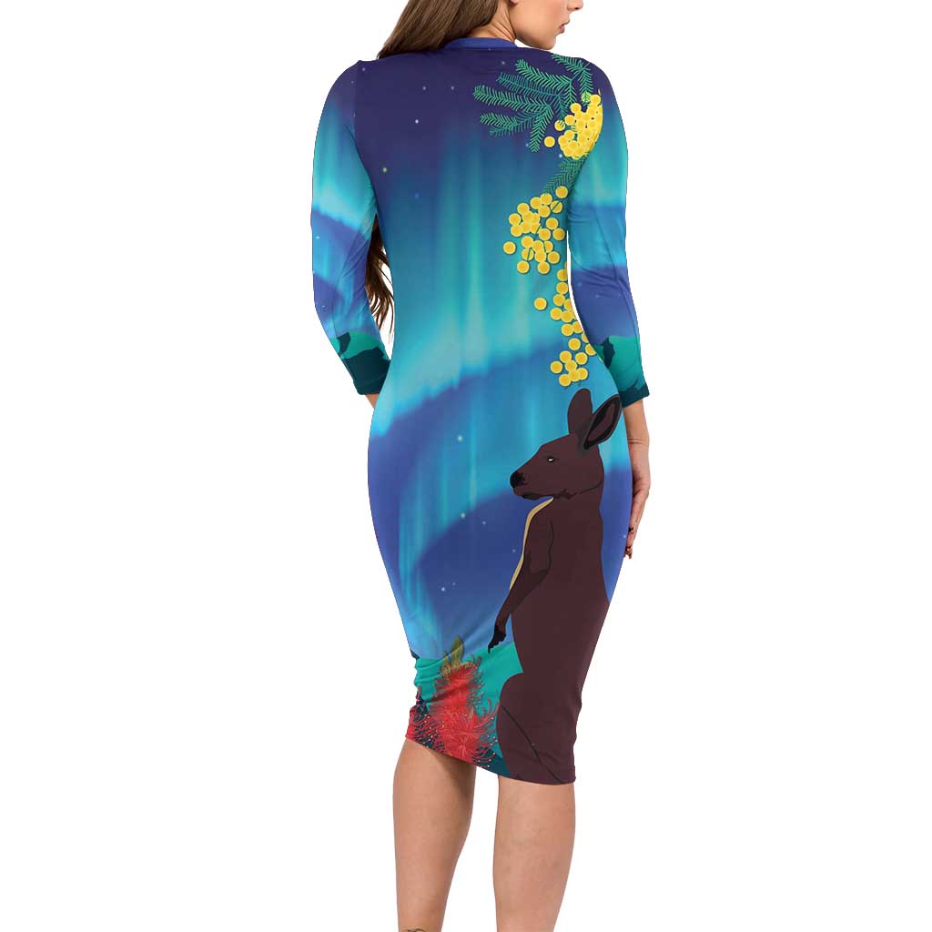 Australia Northern Lights Scenery Long Sleeve Bodycon Dress