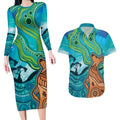 Aussie Aurora Borealis Aboriginal Art Couples Matching Long Sleeve Bodycon Dress and Hawaiian Shirt
