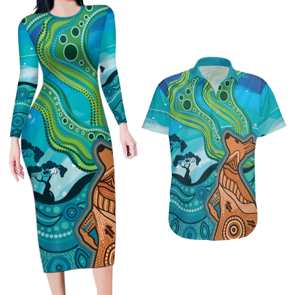 Aussie Aurora Borealis Aboriginal Art Couples Matching Long Sleeve Bodycon Dress and Hawaiian Shirt