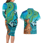 Aussie Aurora Borealis Aboriginal Art Couples Matching Long Sleeve Bodycon Dress and Hawaiian Shirt