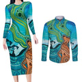 Aussie Aurora Borealis Aboriginal Art Couples Matching Long Sleeve Bodycon Dress and Long Sleeve Button Shirt
