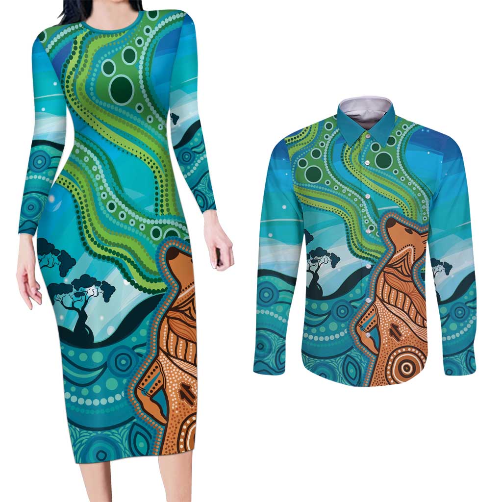 Aussie Aurora Borealis Aboriginal Art Couples Matching Long Sleeve Bodycon Dress and Long Sleeve Button Shirt