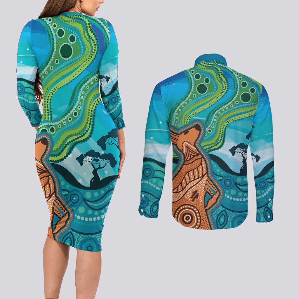 Aussie Aurora Borealis Aboriginal Art Couples Matching Long Sleeve Bodycon Dress and Long Sleeve Button Shirt