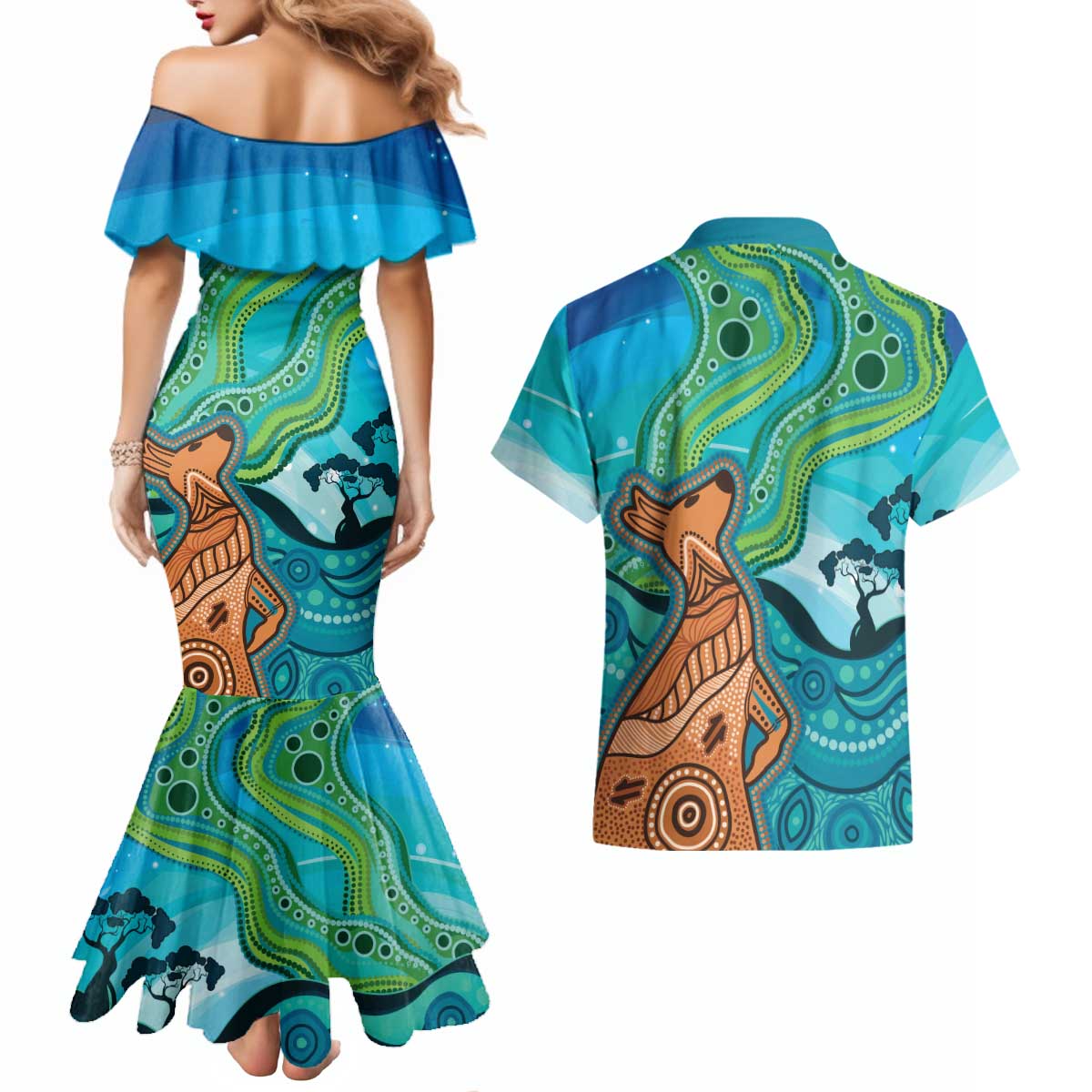 Aussie Aurora Borealis Aboriginal Art Couples Matching Mermaid Dress and Hawaiian Shirt