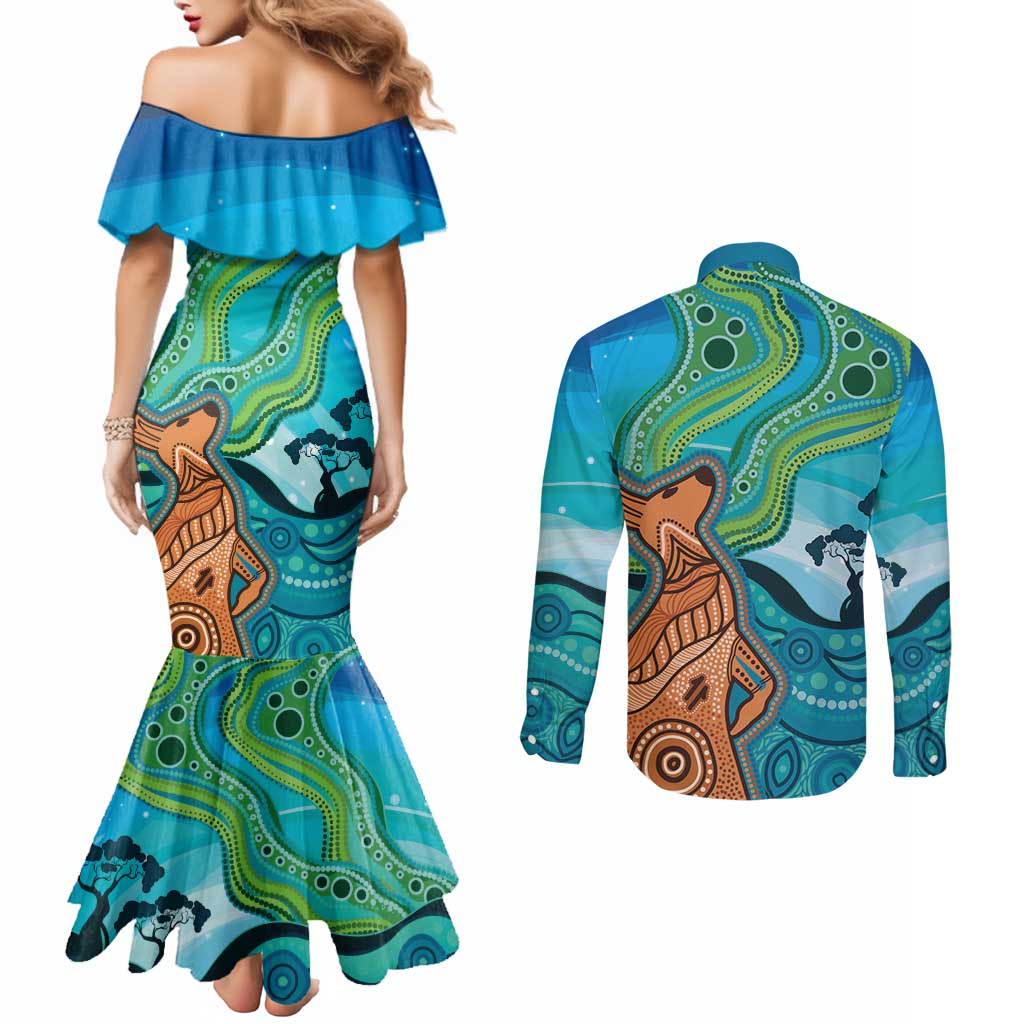 Aussie Aurora Borealis Aboriginal Art Couples Matching Mermaid Dress and Long Sleeve Button Shirt