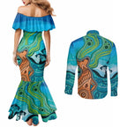 Aussie Aurora Borealis Aboriginal Art Couples Matching Mermaid Dress and Long Sleeve Button Shirt