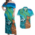 Aussie Aurora Borealis Aboriginal Art Couples Matching Off Shoulder Maxi Dress and Hawaiian Shirt