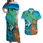 Aussie Aurora Borealis Aboriginal Art Couples Matching Off Shoulder Maxi Dress and Hawaiian Shirt