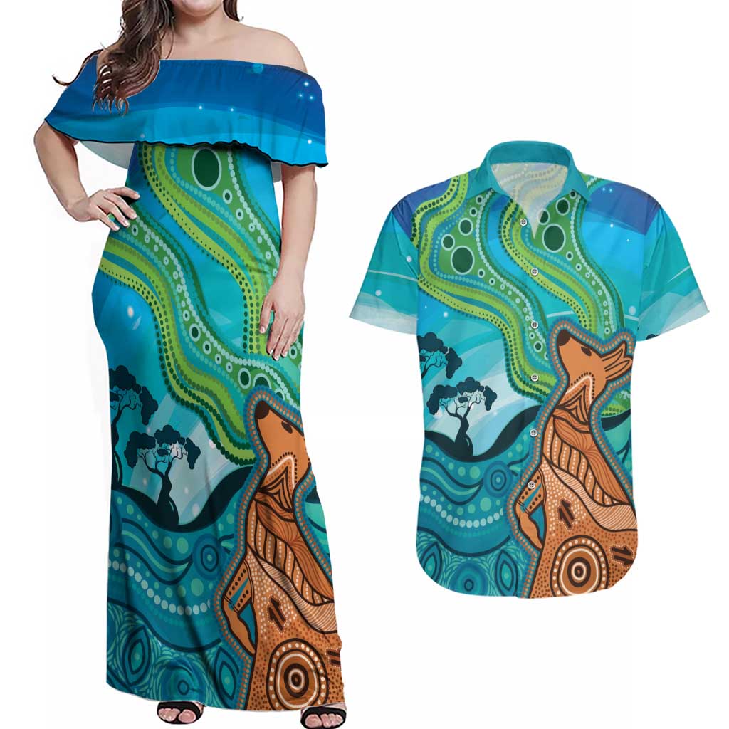 Aussie Aurora Borealis Aboriginal Art Couples Matching Off Shoulder Maxi Dress and Hawaiian Shirt