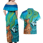 Aussie Aurora Borealis Aboriginal Art Couples Matching Off Shoulder Maxi Dress and Hawaiian Shirt