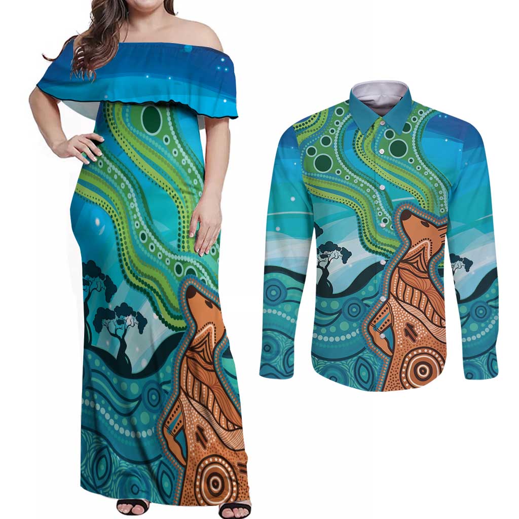 Aussie Aurora Borealis Aboriginal Art Couples Matching Off Shoulder Maxi Dress and Long Sleeve Button Shirt
