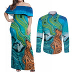 Aussie Aurora Borealis Aboriginal Art Couples Matching Off Shoulder Maxi Dress and Long Sleeve Button Shirt