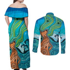 Aussie Aurora Borealis Aboriginal Art Couples Matching Off Shoulder Maxi Dress and Long Sleeve Button Shirt