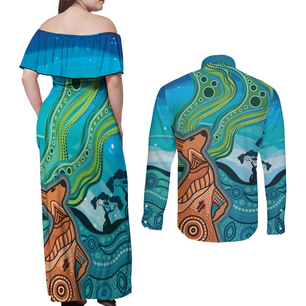 Aussie Aurora Borealis Aboriginal Art Couples Matching Off Shoulder Maxi Dress and Long Sleeve Button Shirt