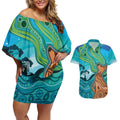 Aussie Aurora Borealis Aboriginal Art Couples Matching Off Shoulder Short Dress and Hawaiian Shirt