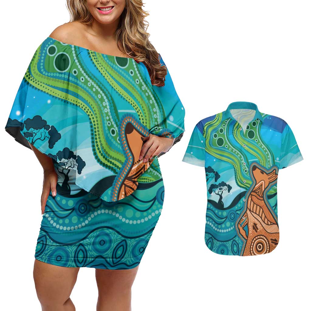 Aussie Aurora Borealis Aboriginal Art Couples Matching Off Shoulder Short Dress and Hawaiian Shirt