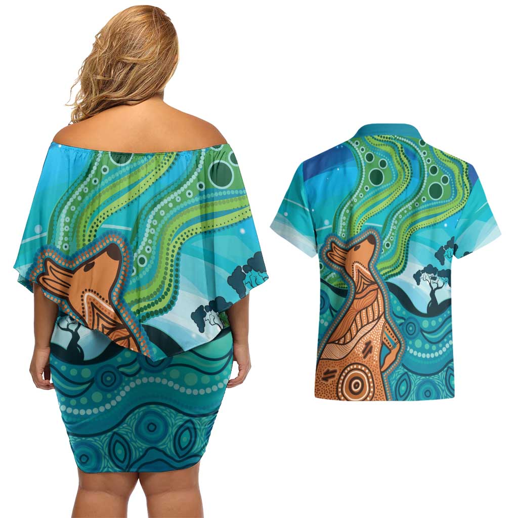 Aussie Aurora Borealis Aboriginal Art Couples Matching Off Shoulder Short Dress and Hawaiian Shirt