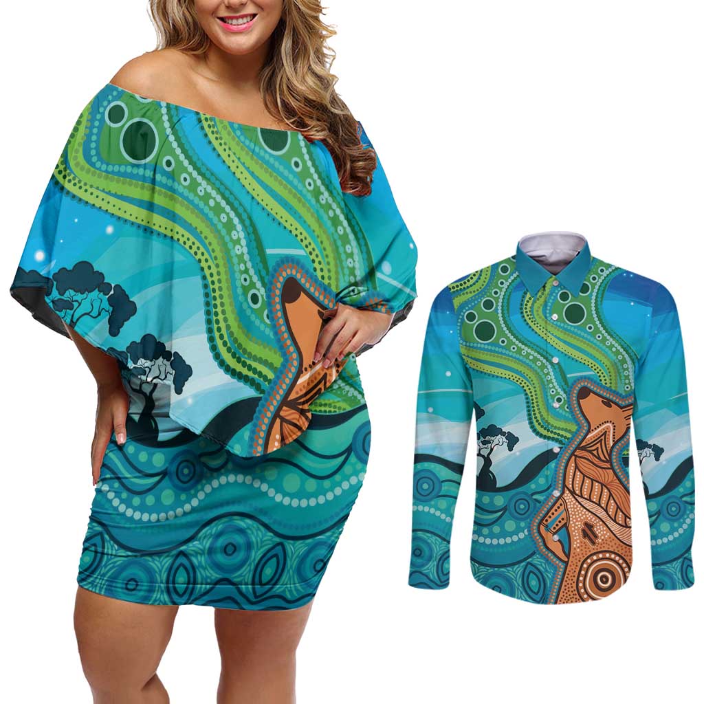Aussie Aurora Borealis Aboriginal Art Couples Matching Off Shoulder Short Dress and Long Sleeve Button Shirt