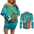 Aussie Aurora Borealis Aboriginal Art Couples Matching Off Shoulder Short Dress and Long Sleeve Button Shirt