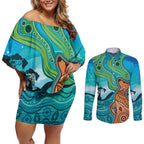 Aussie Aurora Borealis Aboriginal Art Couples Matching Off Shoulder Short Dress and Long Sleeve Button Shirt