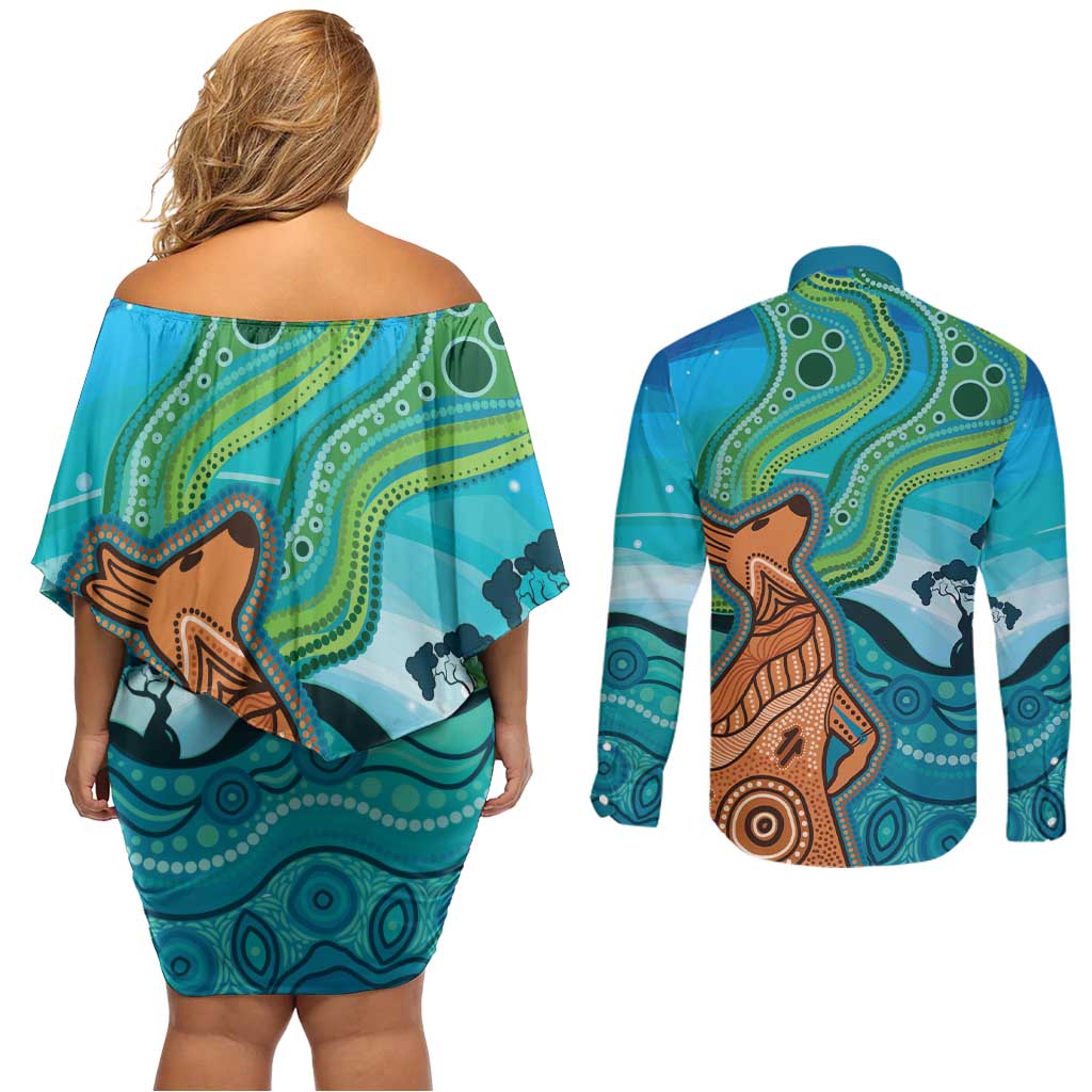 Aussie Aurora Borealis Aboriginal Art Couples Matching Off Shoulder Short Dress and Long Sleeve Button Shirt