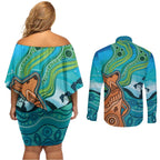 Aussie Aurora Borealis Aboriginal Art Couples Matching Off Shoulder Short Dress and Long Sleeve Button Shirt