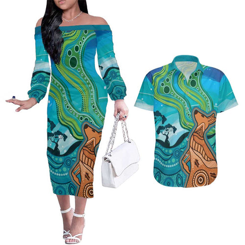 Aussie Aurora Borealis Aboriginal Art Couples Matching Off The Shoulder Long Sleeve Dress and Hawaiian Shirt