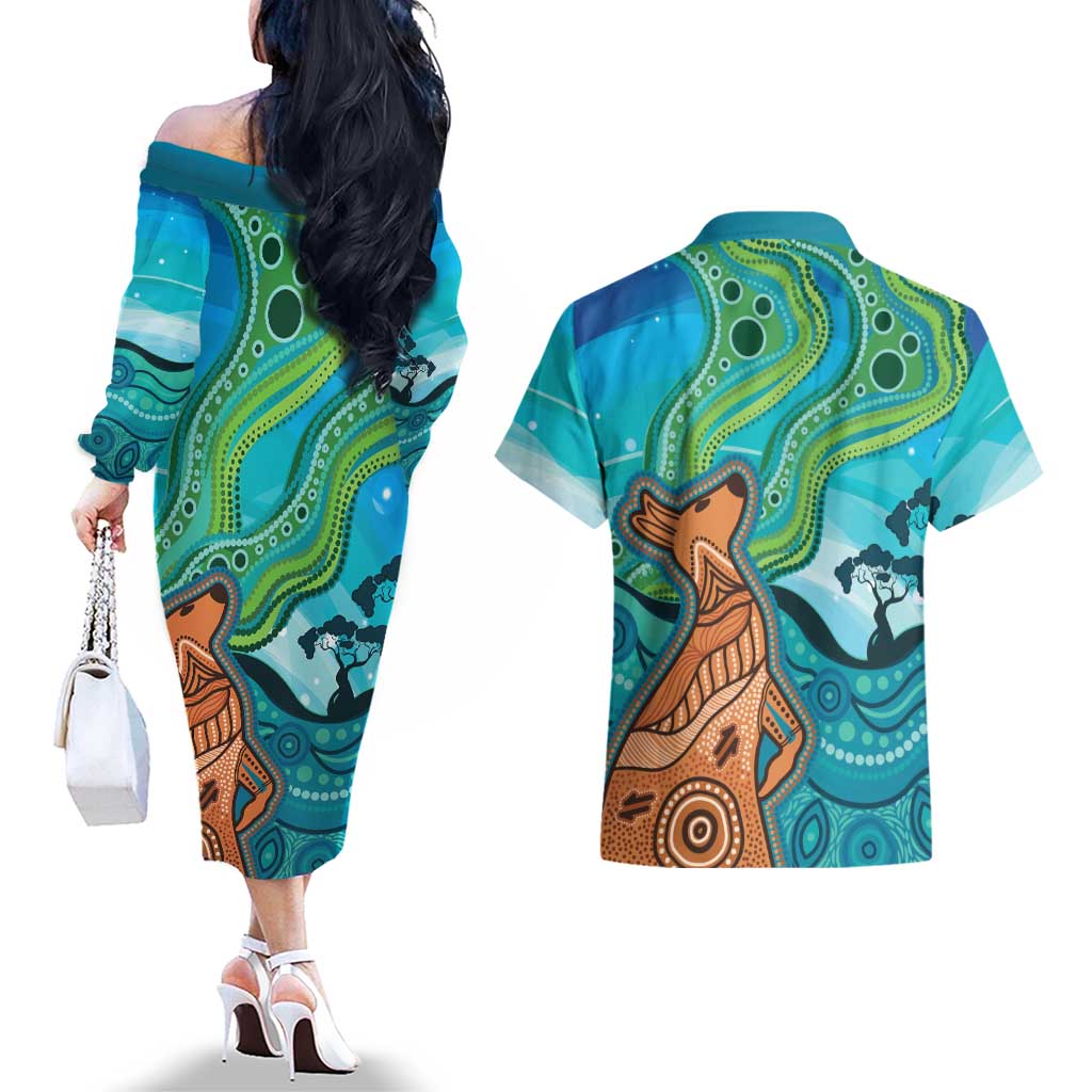 Aussie Aurora Borealis Aboriginal Art Couples Matching Off The Shoulder Long Sleeve Dress and Hawaiian Shirt