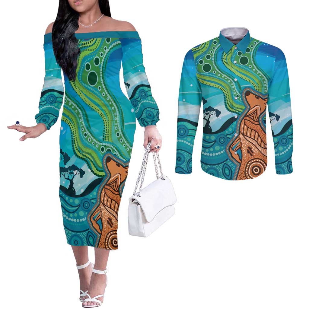 Aussie Aurora Borealis Aboriginal Art Couples Matching Off The Shoulder Long Sleeve Dress and Long Sleeve Button Shirt