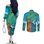 Aussie Aurora Borealis Aboriginal Art Couples Matching Off The Shoulder Long Sleeve Dress and Long Sleeve Button Shirt