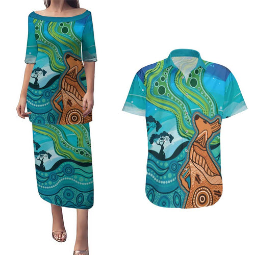 Aussie Aurora Borealis Aboriginal Art Couples Matching Puletasi and Hawaiian Shirt