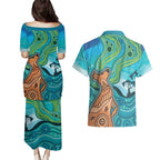 Aussie Aurora Borealis Aboriginal Art Couples Matching Puletasi and Hawaiian Shirt