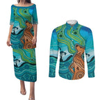 Aussie Aurora Borealis Aboriginal Art Couples Matching Puletasi and Long Sleeve Button Shirt