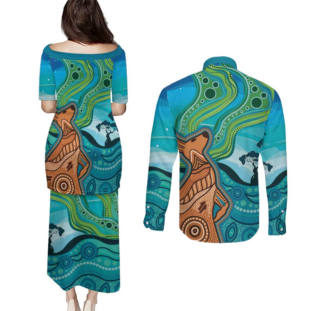 Aussie Aurora Borealis Aboriginal Art Couples Matching Puletasi and Long Sleeve Button Shirt