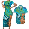 Aussie Aurora Borealis Aboriginal Art Couples Matching Short Sleeve Bodycon Dress and Hawaiian Shirt