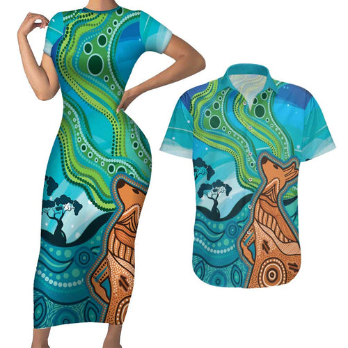 Aussie Aurora Borealis Aboriginal Art Couples Matching Short Sleeve Bodycon Dress and Hawaiian Shirt