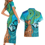 Aussie Aurora Borealis Aboriginal Art Couples Matching Short Sleeve Bodycon Dress and Hawaiian Shirt