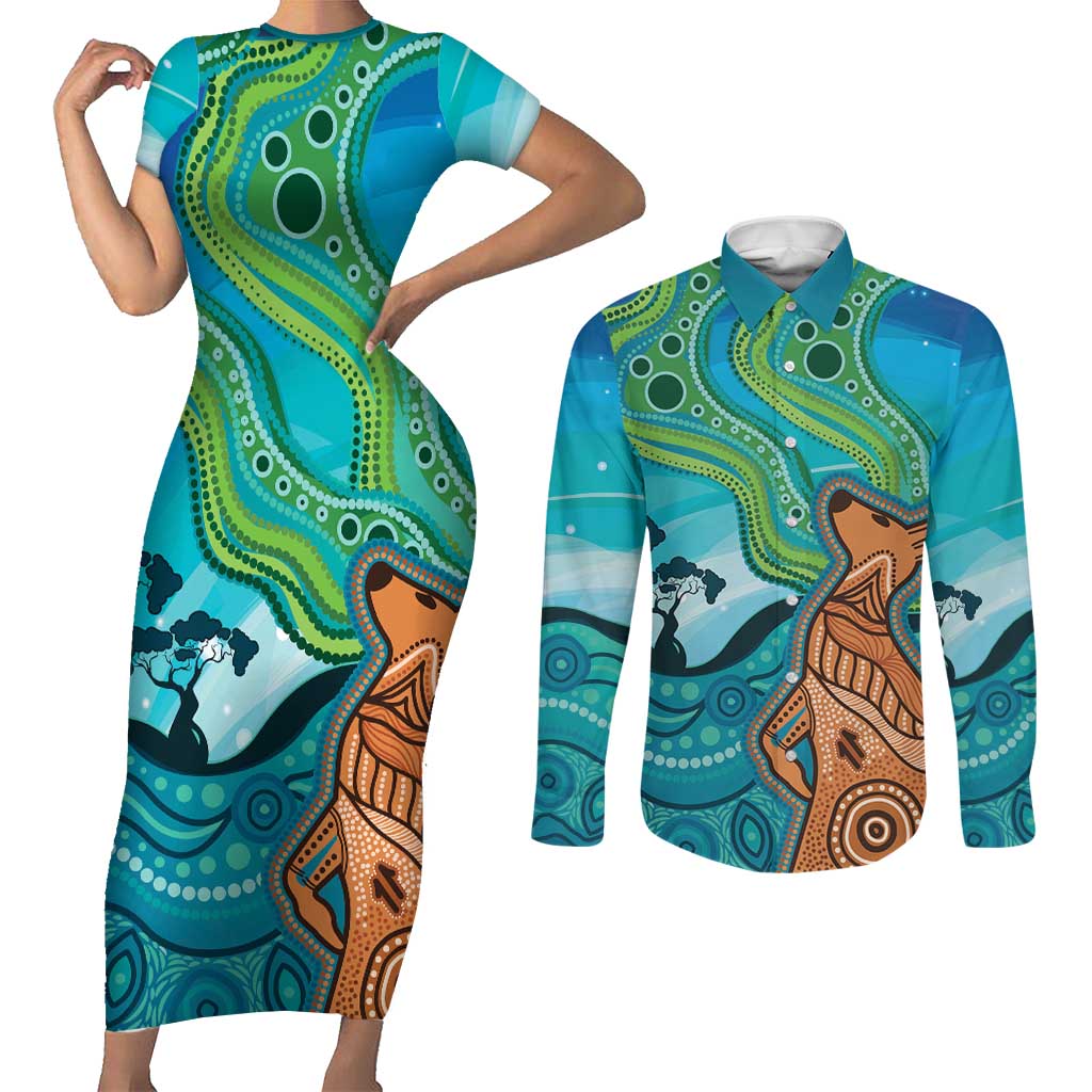Aussie Aurora Borealis Aboriginal Art Couples Matching Short Sleeve Bodycon Dress and Long Sleeve Button Shirt