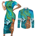 Aussie Aurora Borealis Aboriginal Art Couples Matching Short Sleeve Bodycon Dress and Long Sleeve Button Shirt